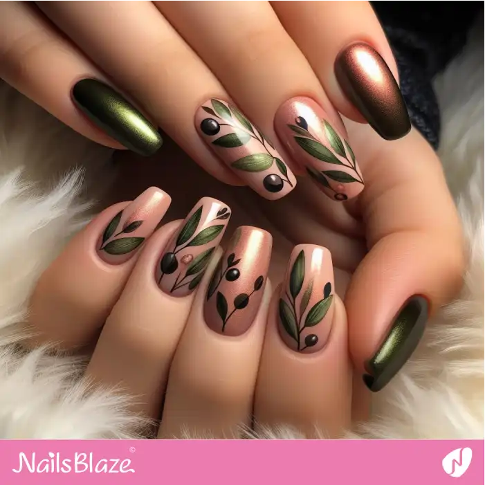 Chrome Effect Olive Nails Design | Nature-inspired Nails - NB1606